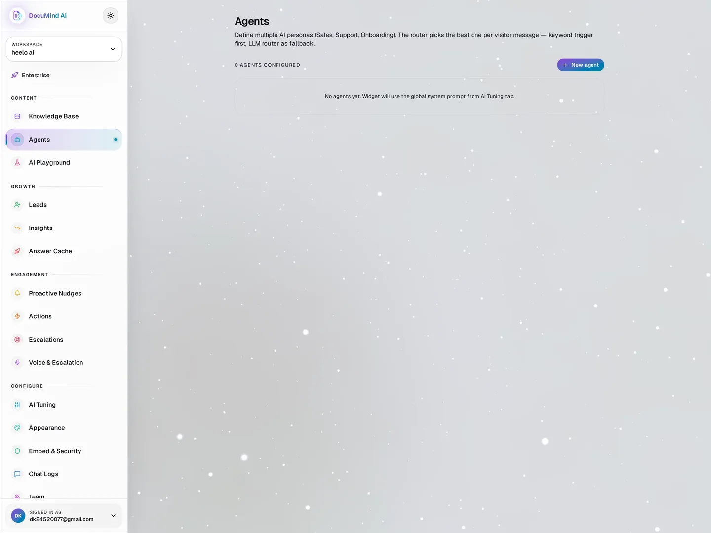 DocuMind AI agents: Sales, Support and Onboarding personas with a keyword plus LLM router
