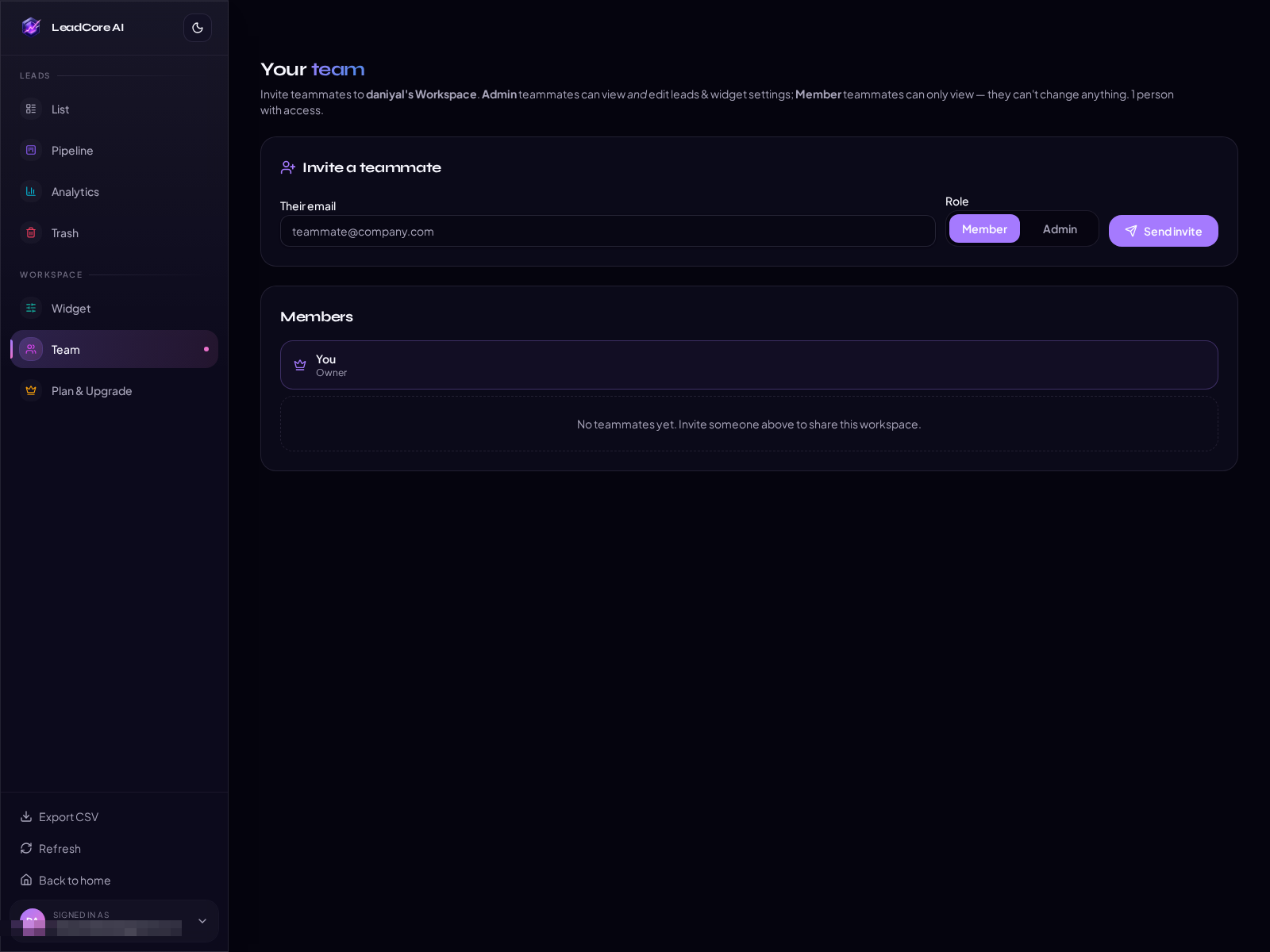 LeadCore AI team, invite members with Admin or Member roles