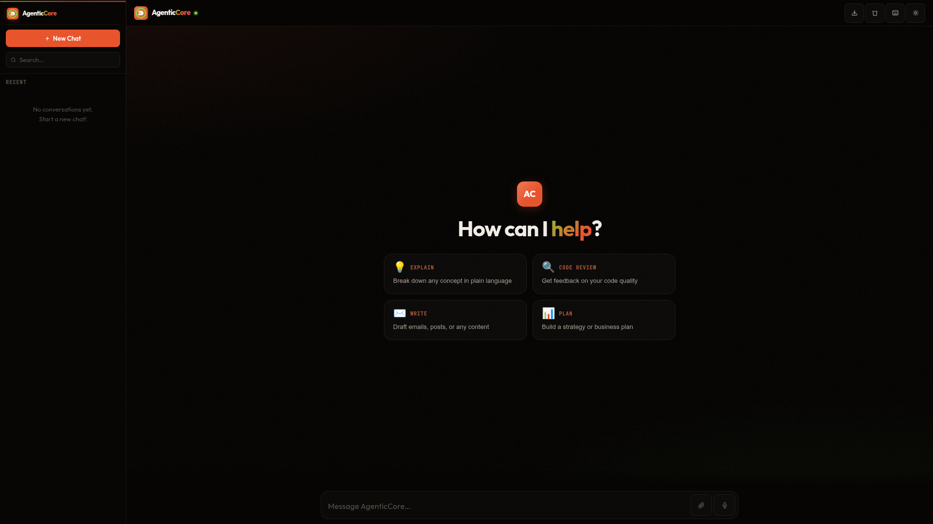 AgenticCore live conversational AI workspace, sidebar with recent chats, streaming assistant, and quick action tiles