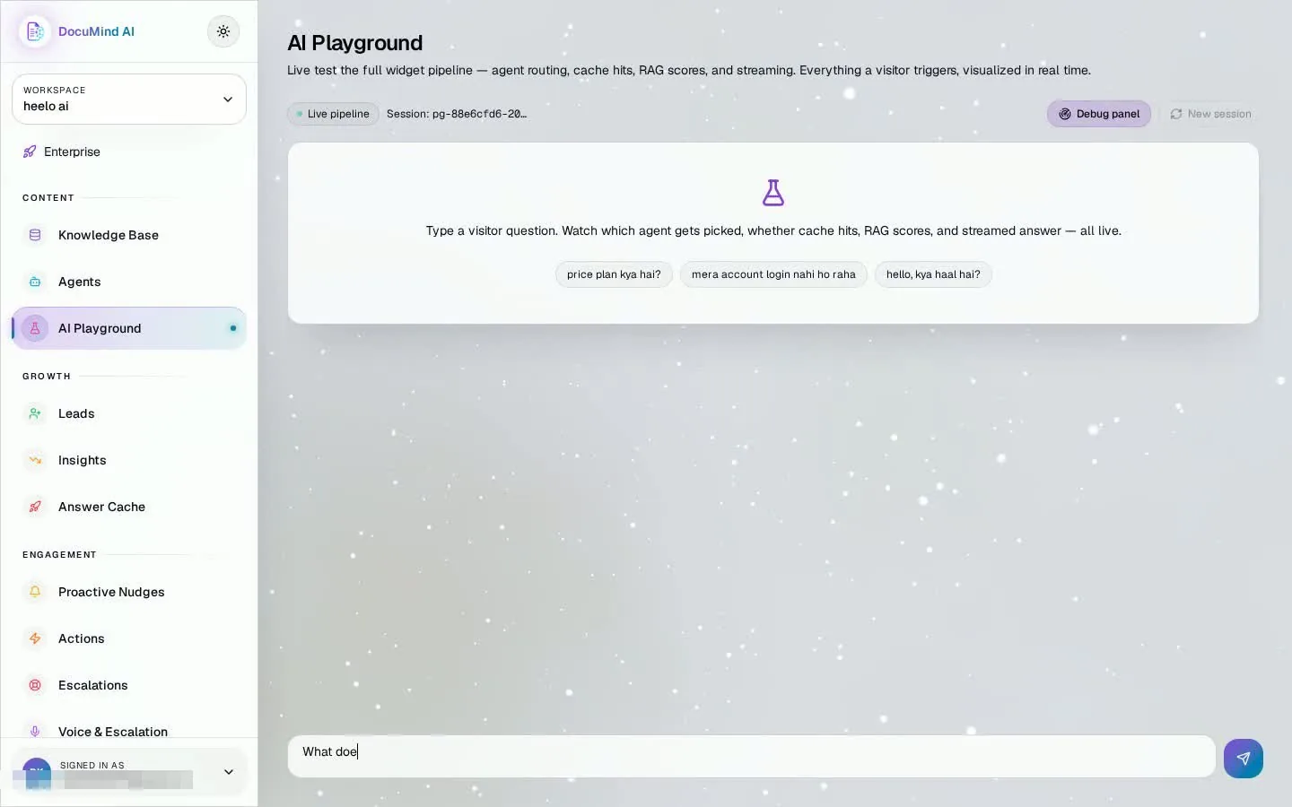 DocuMind AI Playground: type a visitor question and watch routing, cache hits and RAG scores live