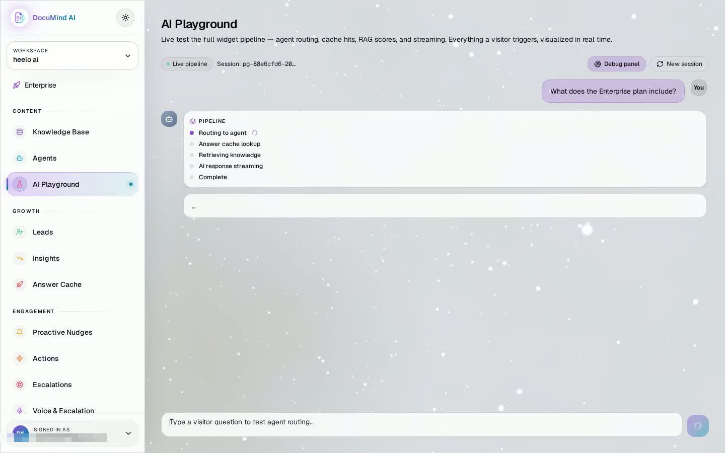 DocuMind AI pipeline trace: agent routing, answer cache lookup, retrieval and streaming, step by step