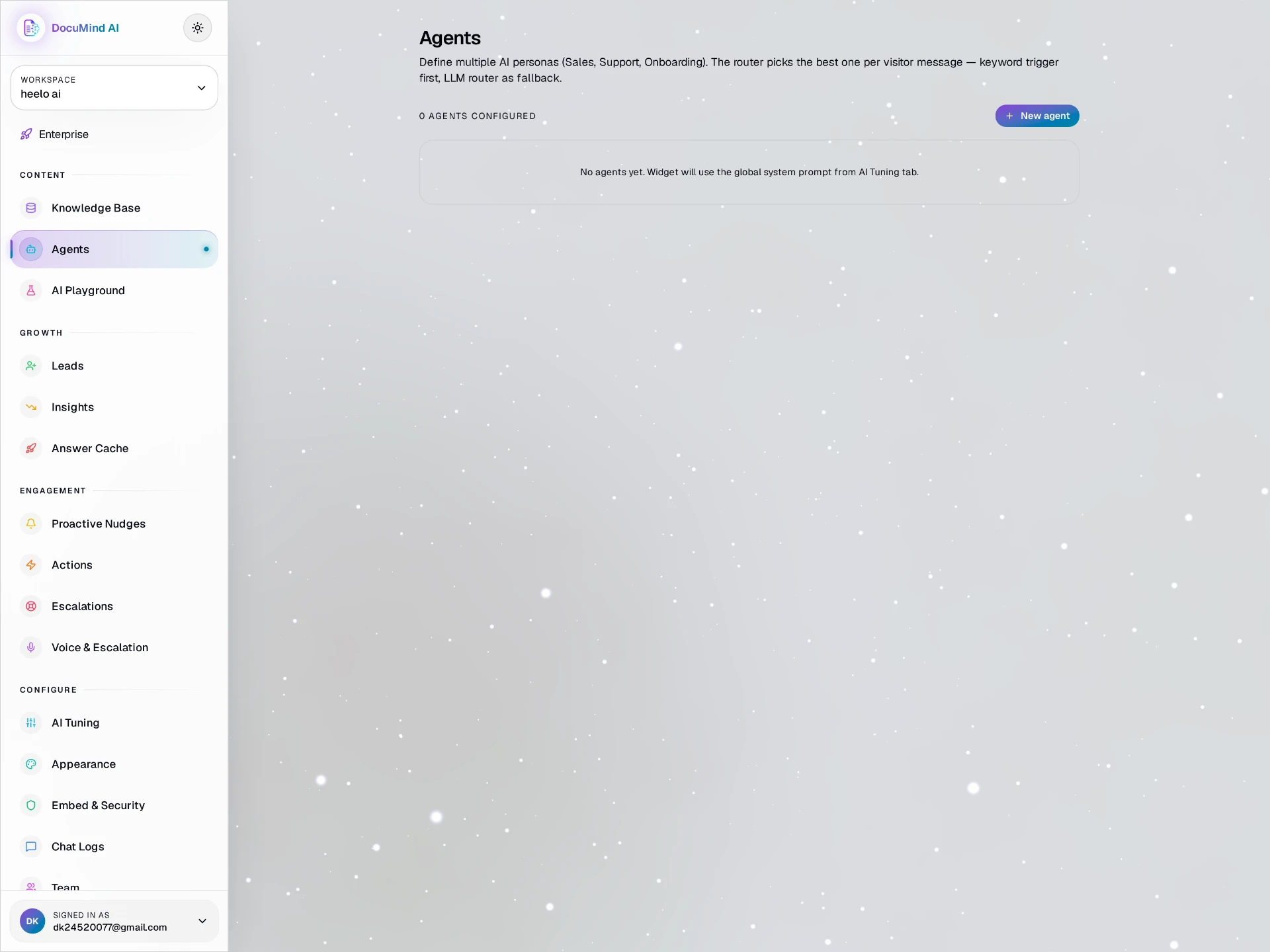 DocuMind AI agents: Sales, Support and Onboarding personas with a keyword plus LLM router
