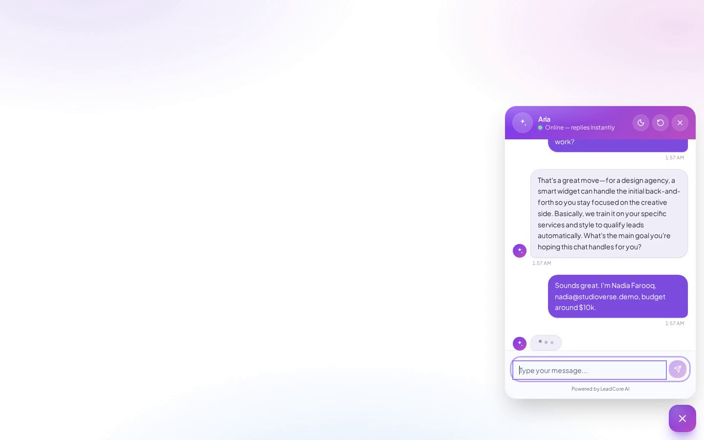 LeadCore AI chat widget live on a site, assistant qualifying a visitor and collecting name, email and budget