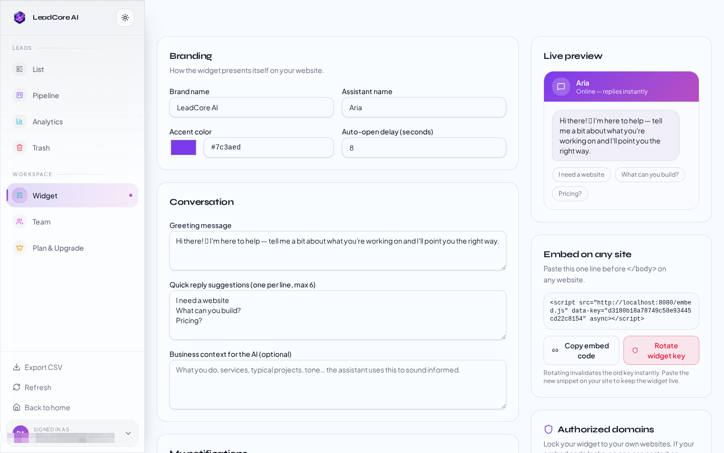 LeadCore AI widget builder, branding, greeting, quick replies, live preview, embed snippet and authorized domains