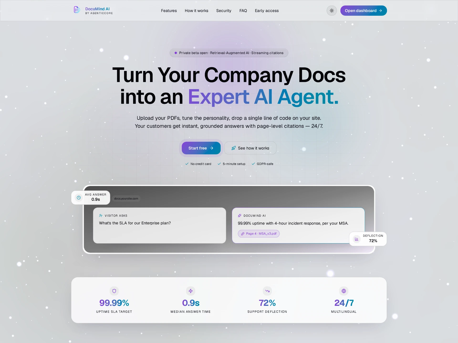 DocuMind AI landing page: turn your company docs into an expert AI agent