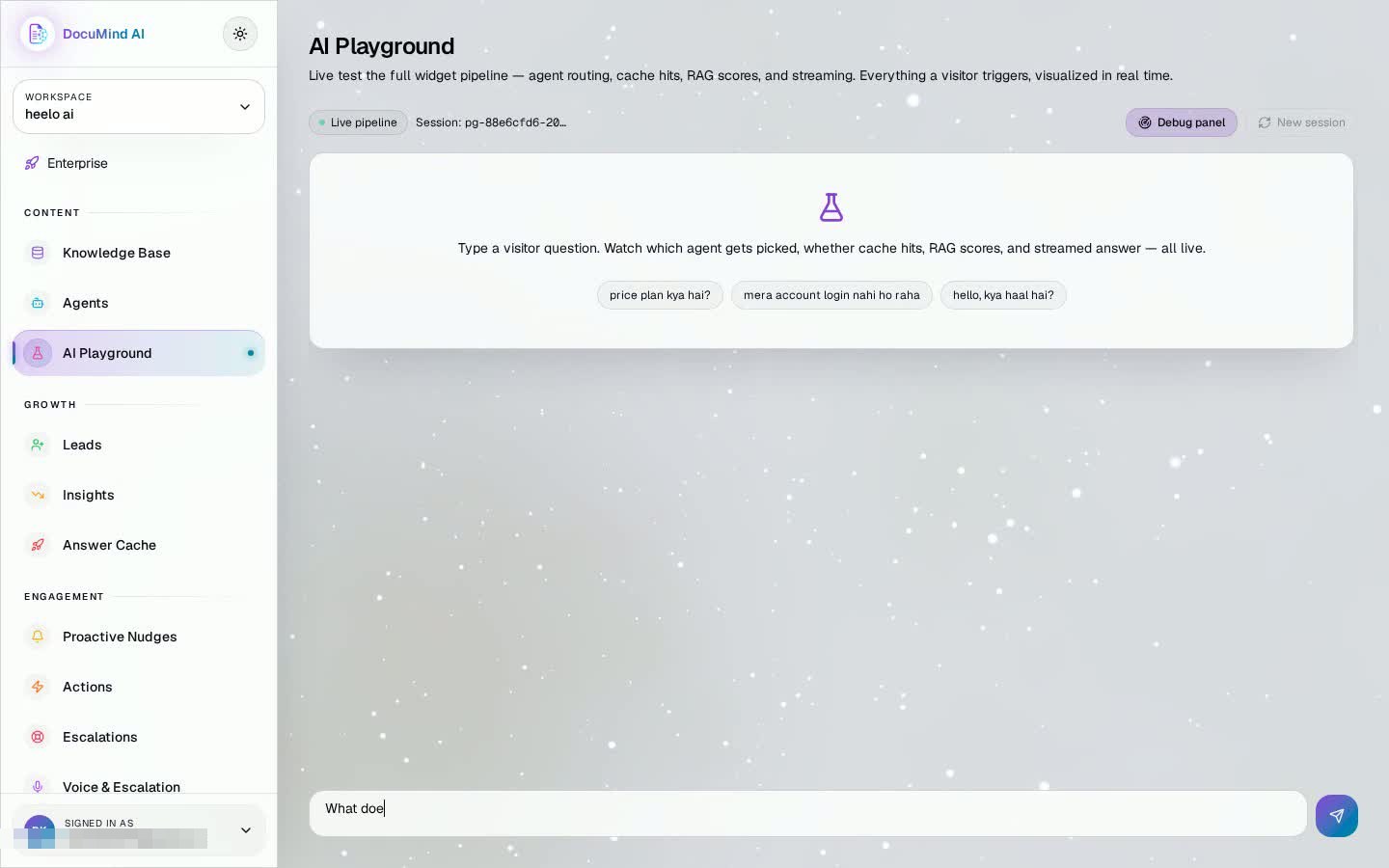 DocuMind AI Playground: type a visitor question and watch routing, cache hits and RAG scores live