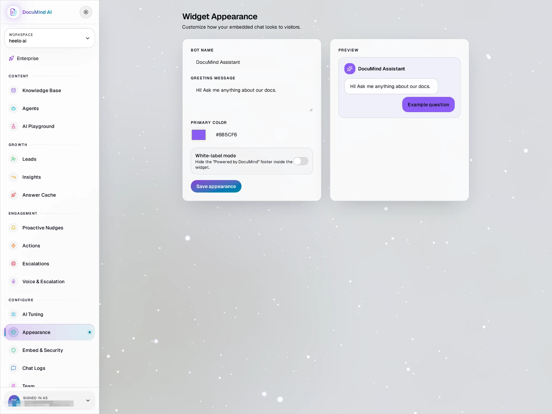 DocuMind AI widget appearance: bot name, greeting, primary color and white-label mode