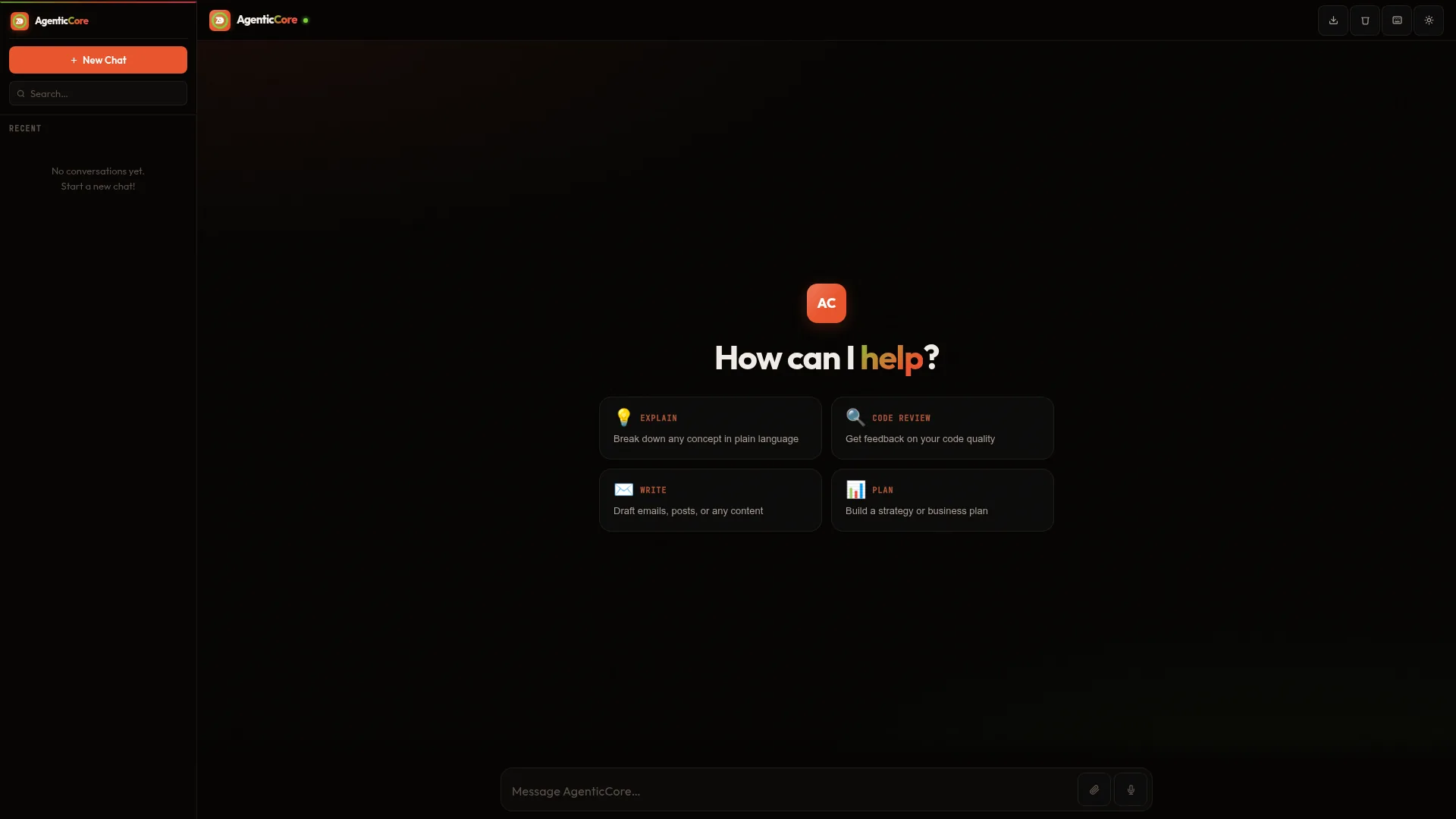 AgenticCore live conversational AI workspace, sidebar with recent chats, streaming assistant, and quick action tiles