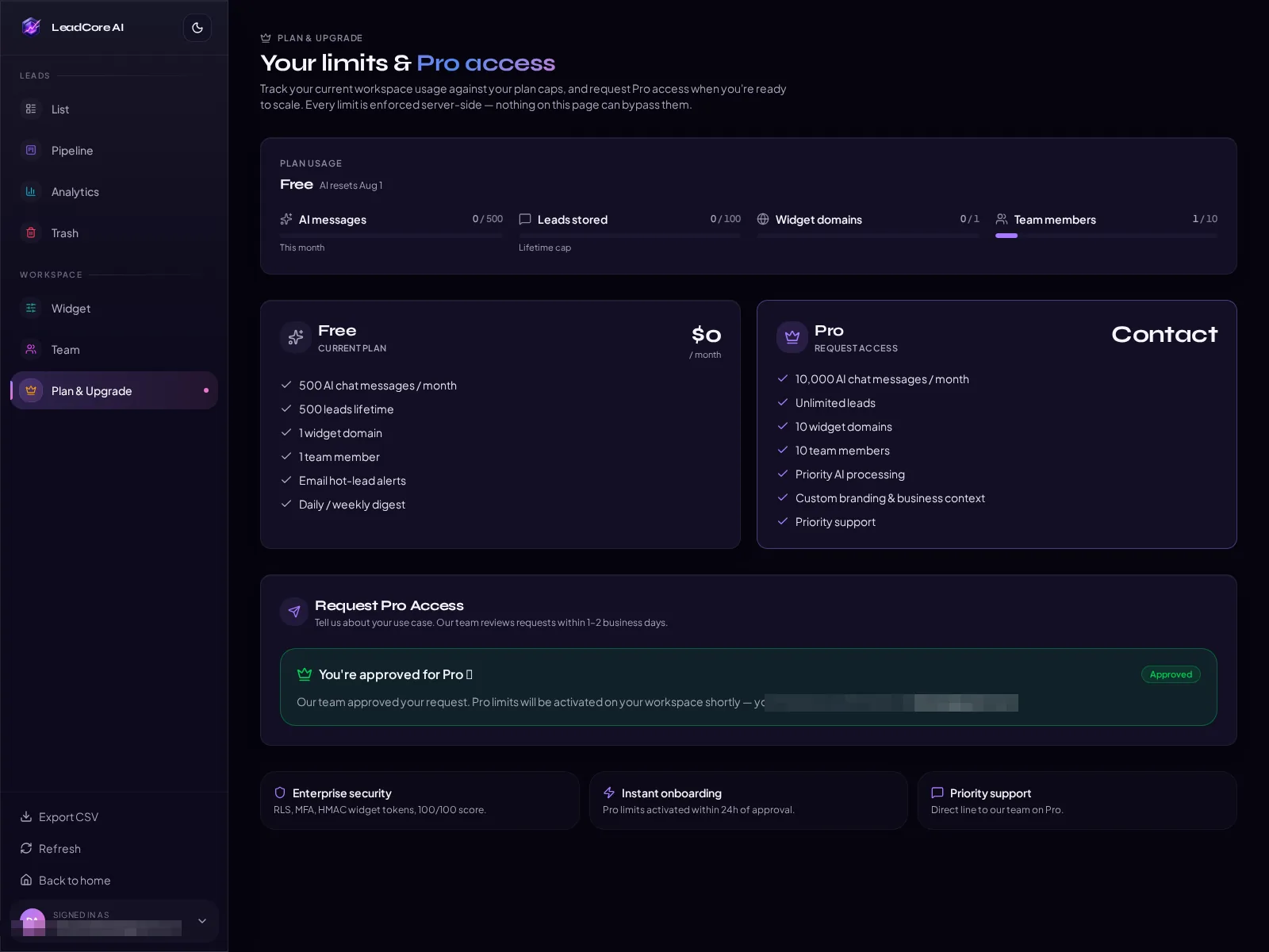 LeadCore AI plan and upgrade. Free vs Pro with usage limits and Pro request flow