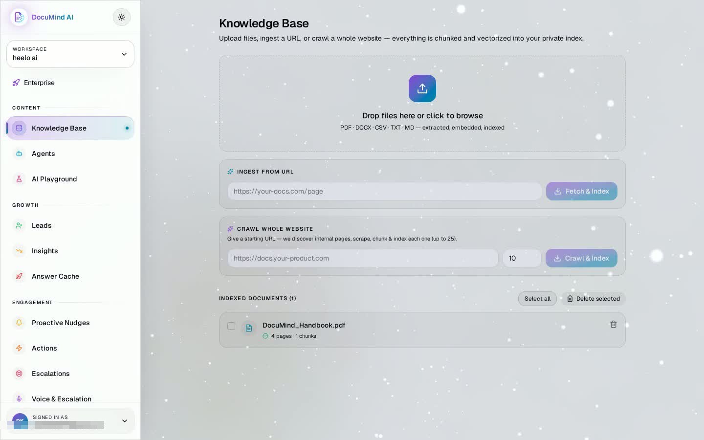 DocuMind AI knowledge base with an indexed PDF: 4 pages, 1 chunk, plus URL ingest and site crawl