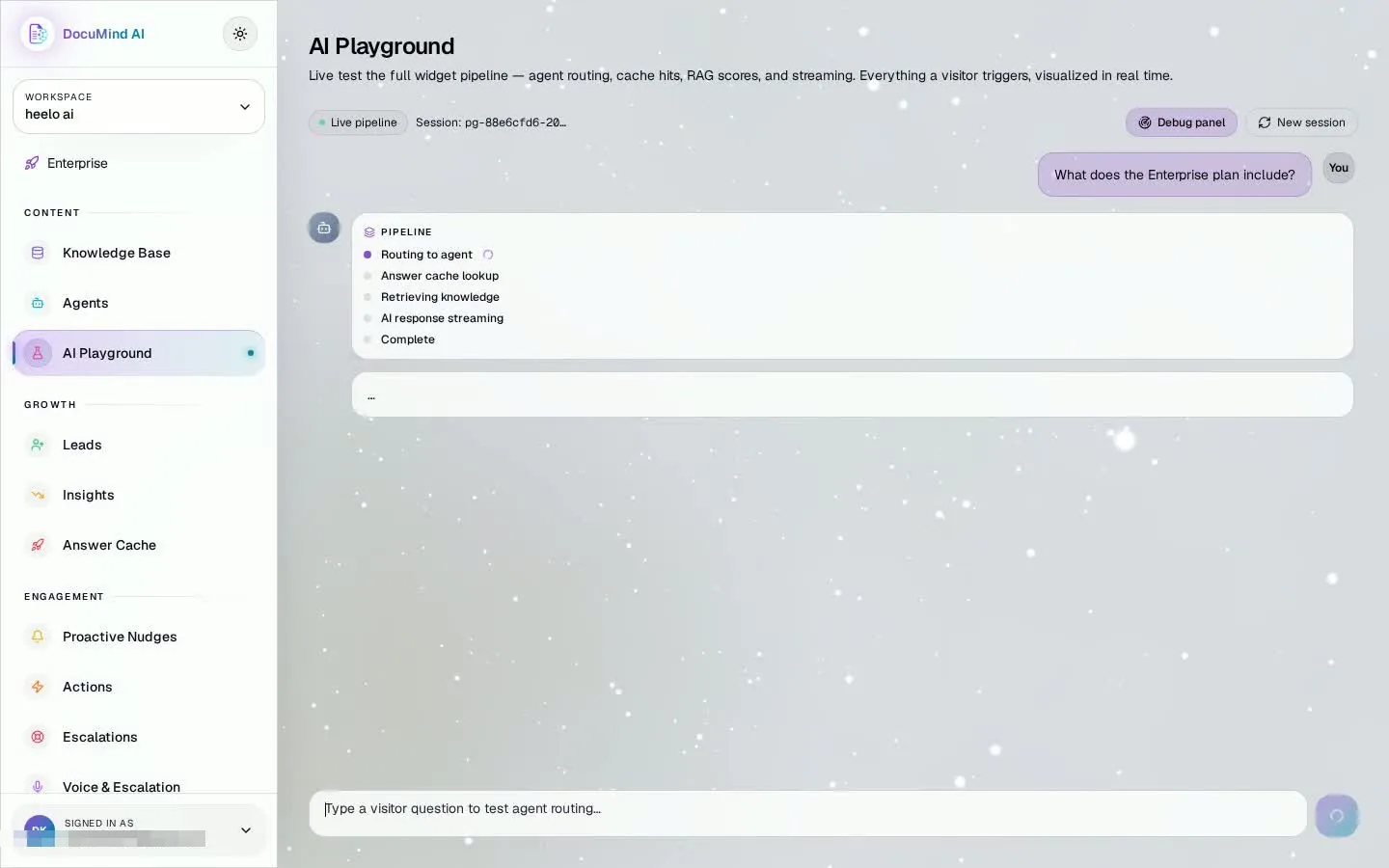 DocuMind AI pipeline trace: agent routing, answer cache lookup, retrieval and streaming, step by step