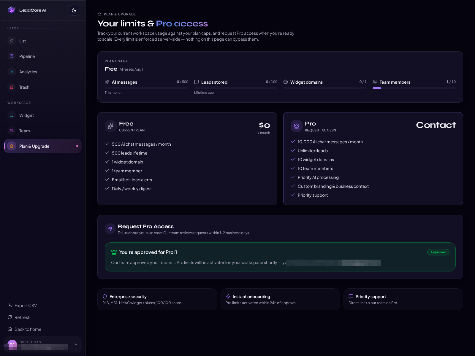 LeadCore AI plan and upgrade. Free vs Pro with usage limits and Pro request flow