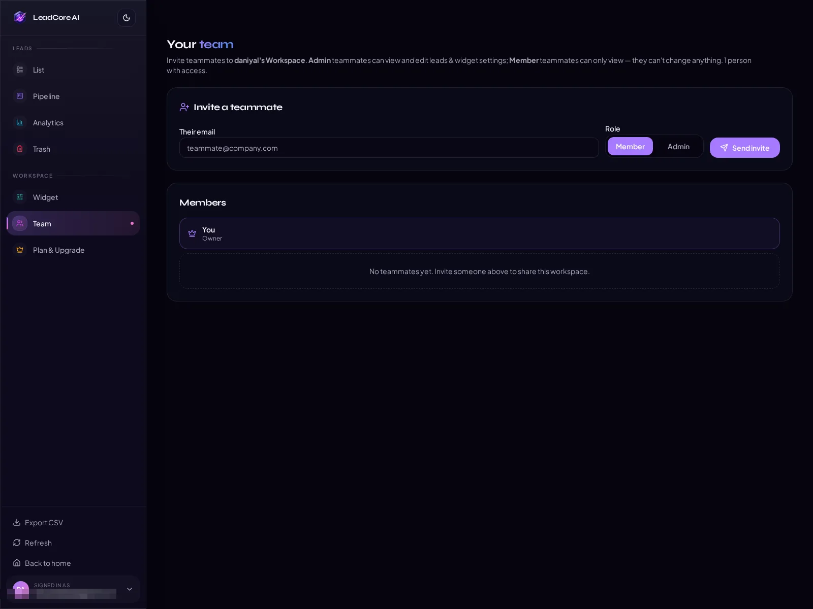 LeadCore AI team, invite members with Admin or Member roles