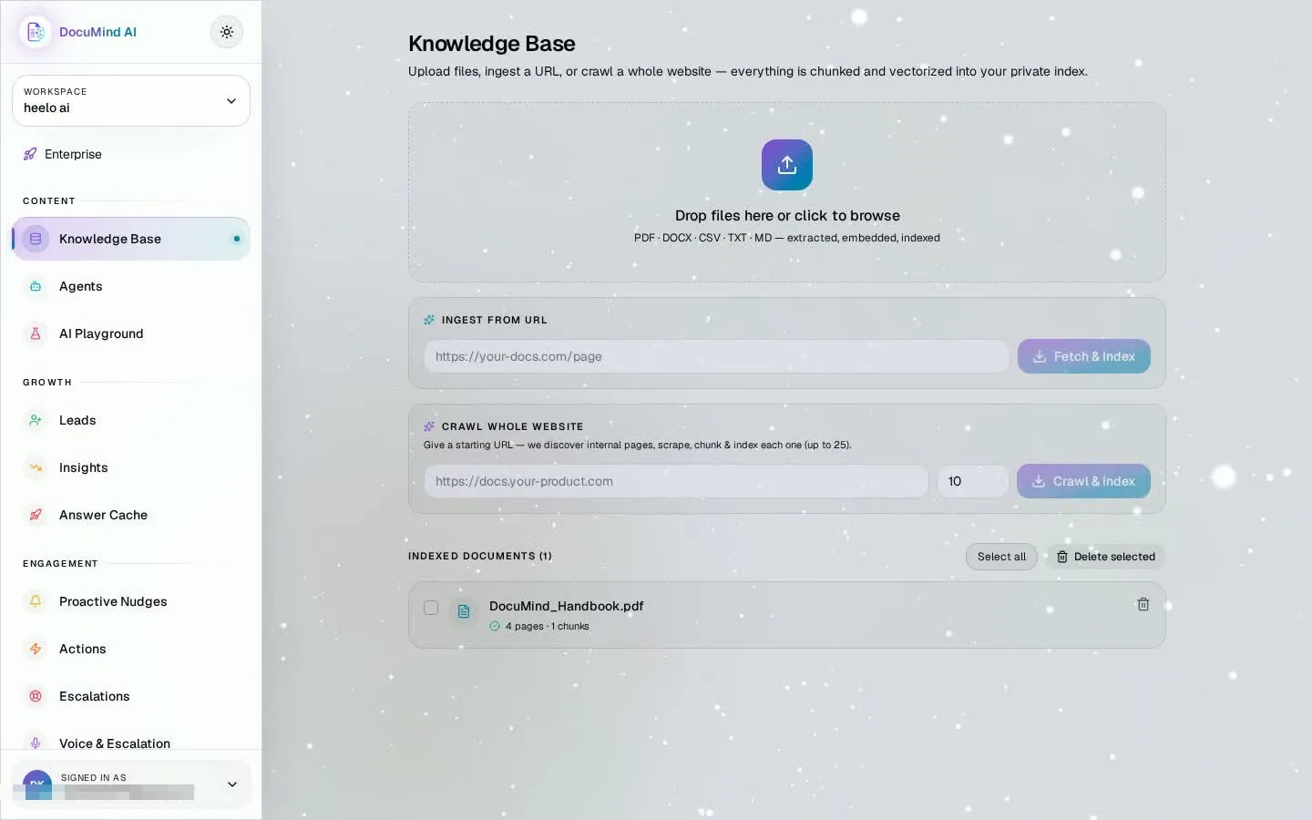 DocuMind AI knowledge base with an indexed PDF: 4 pages, 1 chunk, plus URL ingest and site crawl