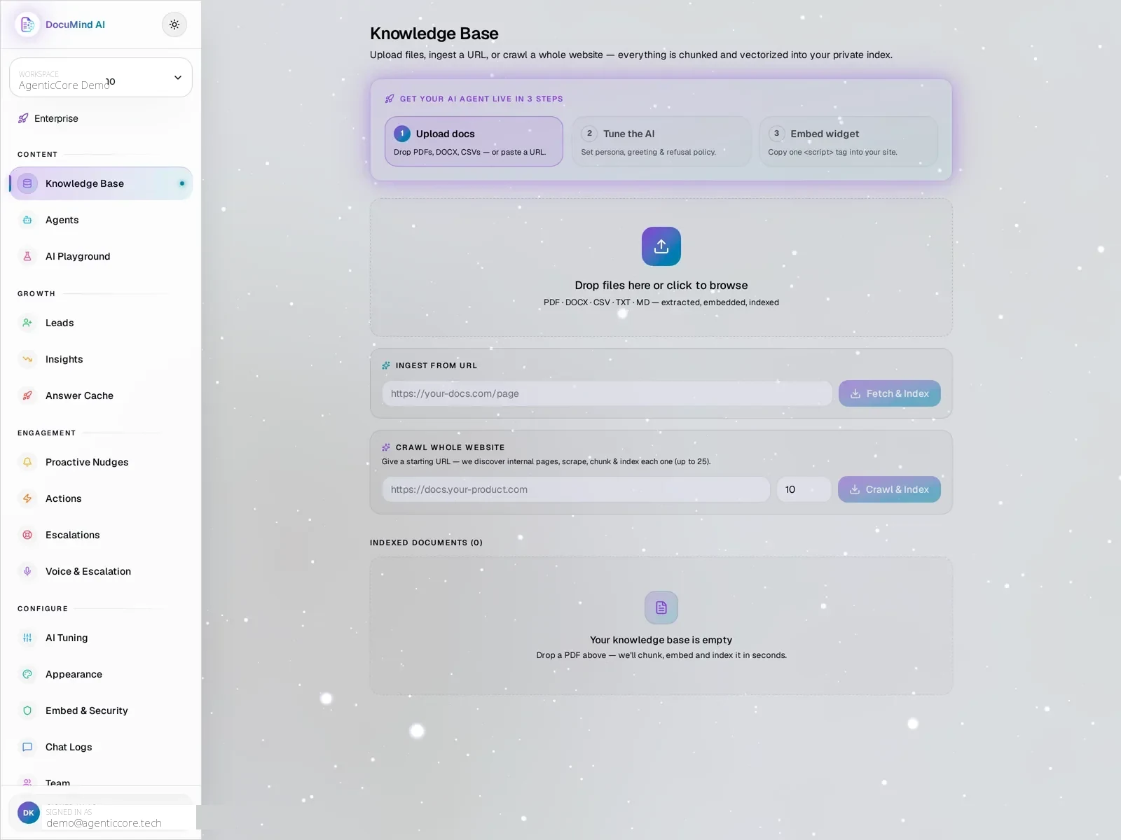 Sanitized DocuMind AI source-ingestion screen