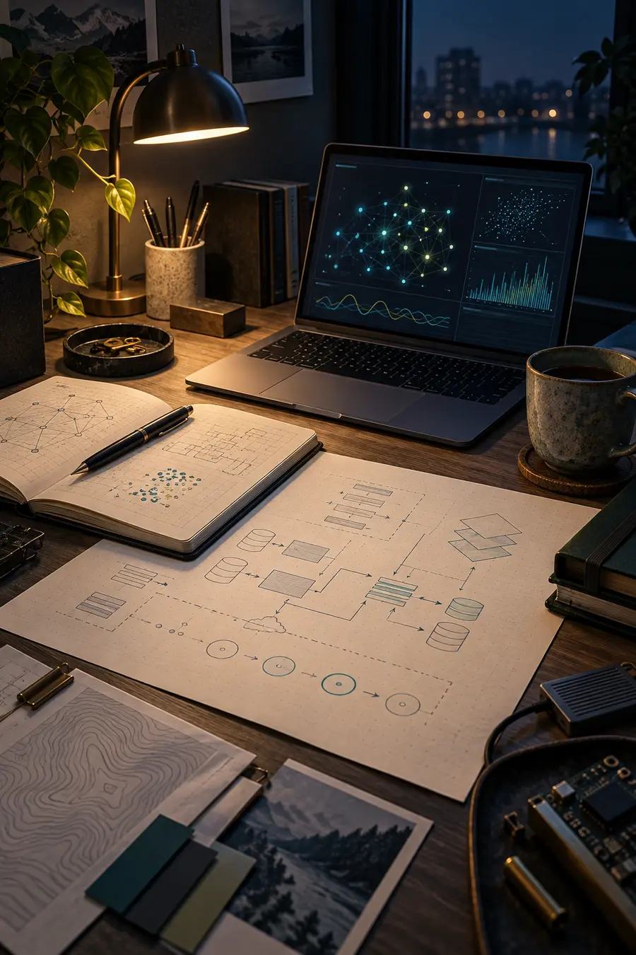 Editorial view of an AI systems engineering workspace with documents, architecture notes and retrieval graphs