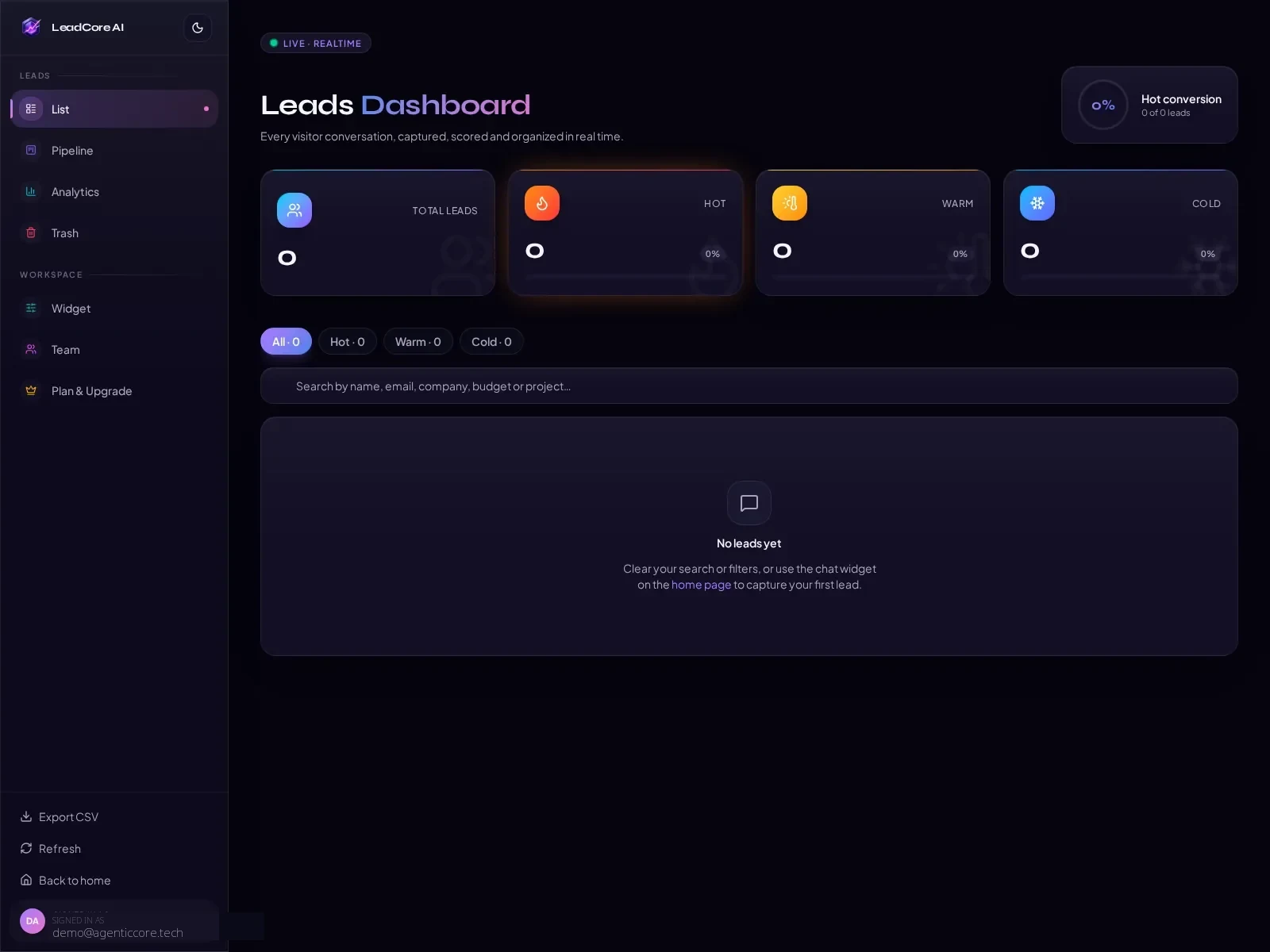 Sanitized LeadCore AI leads dashboard in its empty state