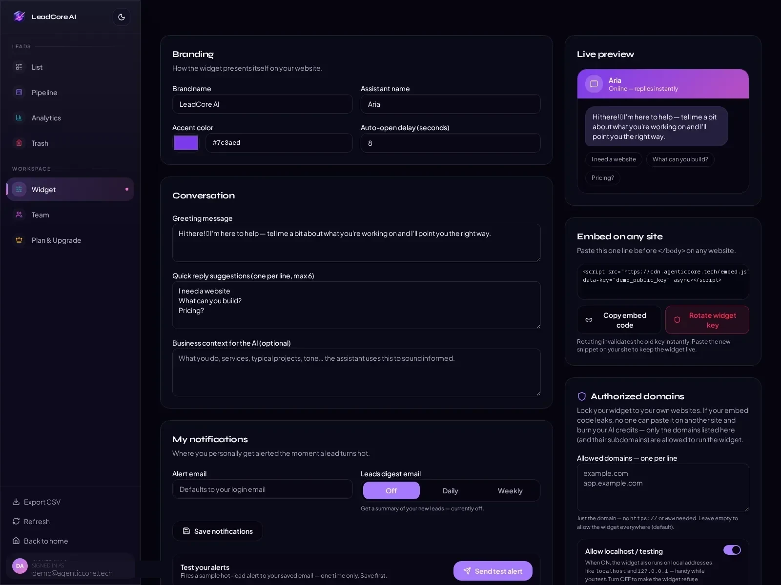 Sanitized LeadCore AI widget configuration screen with conversation settings and embed controls
